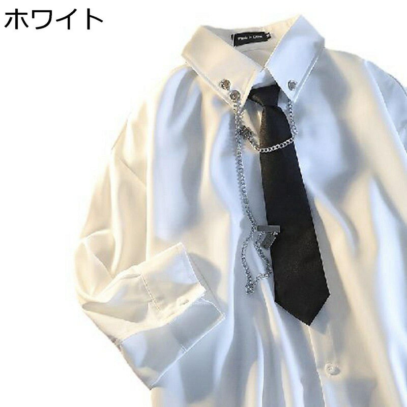 シャツ メンズ チェーン付き 7分袖 ネクタイ付き 開襟シャツ ワイシャツ 七分袖 原宿系 ストリート系 ..