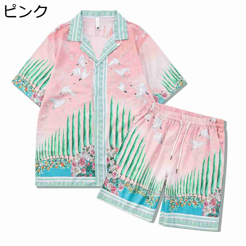 ビーチシャツ 2点セット メンズ ビーチウェア 上下セット 水着 ピンク アロハシャツ 半袖シャツ 夏服 ショートパンツ 春秋夏着 サーフ系 軽い 薄い 涼しげ...