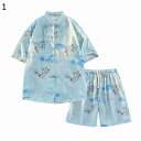 夏服 半袖シャツ 2点セット 花柄 結びボタンシャツ 総柄シャツ アロハシャツ 大きいサイズ チャイナ風 立つ襟 チャイナ服 ハーフパンツ メンズ 短パン 上下セット ファッション 中華服 茶師服 カンフーシャツ