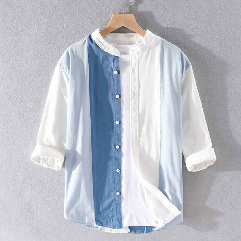 シャツ メンズ 夏用 カジュアルシャツ 七分袖シャツ 開襟シャツ 綿100 立ち襟 パッチワーク 薄手 速乾 半袖シャツ 和風 ゆったり 軽量 通気 日常 旅行 釣り トップス