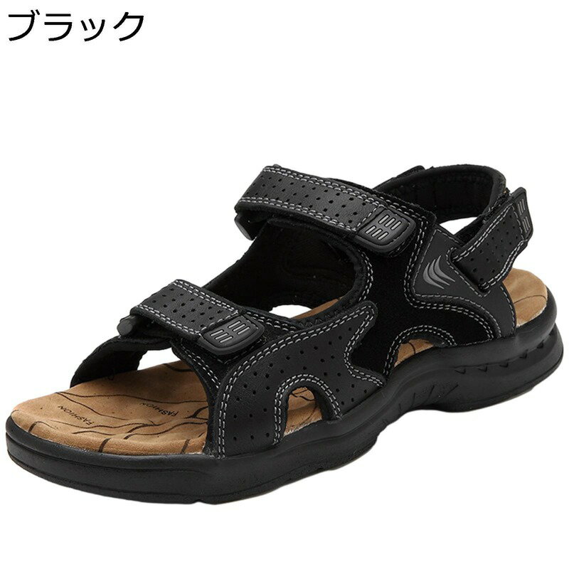 サンダル メンズ スポーツサンダル アウトドアサンダル 外履き レトロ 本革 ベルクロ 厚底 夏用 通気性 カジュアル 滑り止め ビーチサンダル 通学 釣り 水陸両用