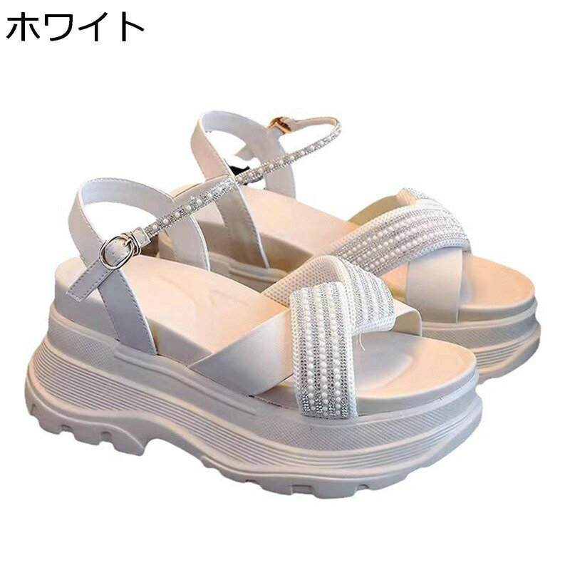 レディース サンダル 厚底 ウェッジヒール 6cmヒール オープントゥ アンクルストラップ ラメ クッション プラットフォーム 春夏秋 真珠飾り 滑り止め デート 通勤 旅行 アウトドア ゴムソール