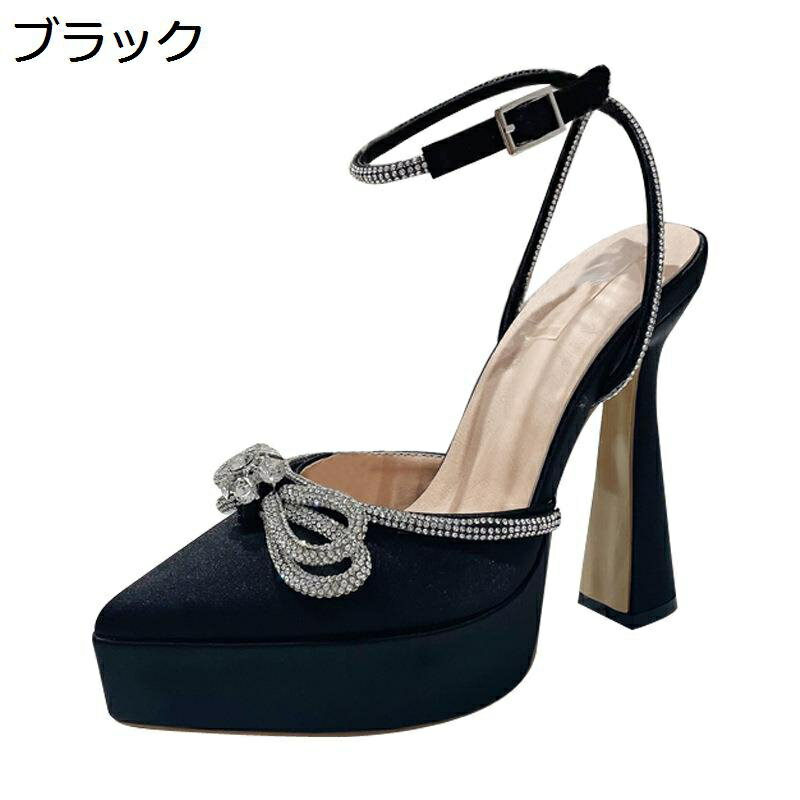 ハイヒール サンダル 太めヒール レディース セクシー 13cm蝶結び 派手 アーモンドトゥ ストーム 防滑 ..