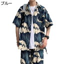 アロハシャツ 上下セット 総柄シャツ メンズ ビーチシャツ 半袖 ビックシルエット 花柄 ハワイ諸島柄 開襟シャツ 汗染み防止 UVカット 薄手 軽量 春夏秋 祭り 海水浴 ウェディング おしゃれ(4)