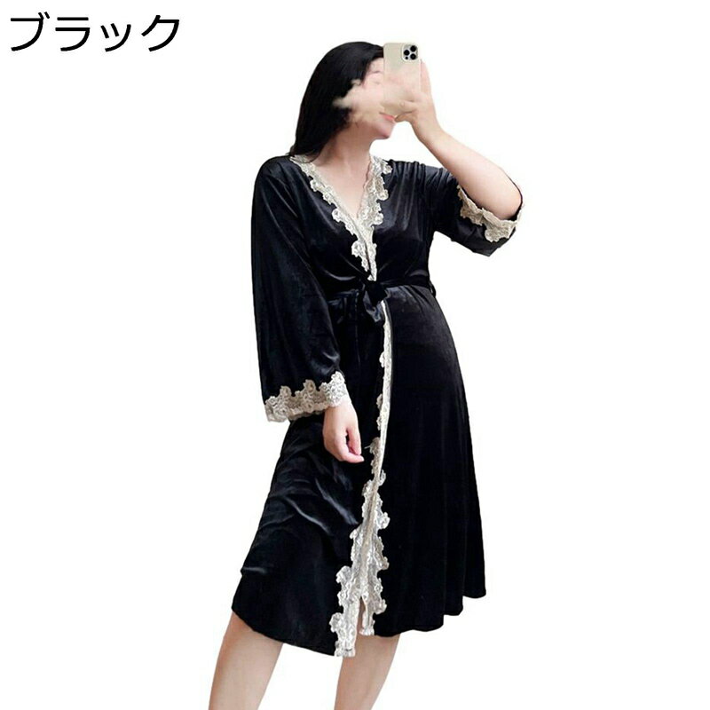 キャミワンピース ベロア レディース パジャマ ベルベット ネグリジェ 2点セット キャミソール ローブ Vネック レース 大きいサイズ 春夏 エレガント 可愛い 寝巻き 光沢感 スムース