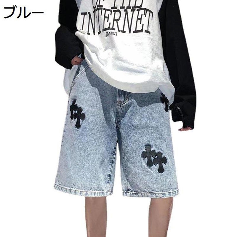 メンズ デニムショーツ 十字架柄 クロスワッペン ゆったり バギーパンツ ジーパン ワイド ショートパン..