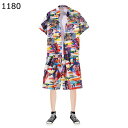 アロハシャツ ハワイシャツ 上下セット メンズ ゴムウエスト 総柄 花柄 カジュアルシャツ 派手シャツ ビーチシャツ ビーチパンツ ショートパンツ 半袖 流行 トレンド おしゃれ 春夏服 着痩せ 花火大会