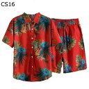 花柄シャツ ビーチシャツ 上下セット M-5XL メンズ アロハシャツ 短パン ショートパンツ ゴムウエスト 葉柄 夏着 夏服 トレンド ファッション 薄手 着痩せ 重ね着 快適 柔らかい 花火大会 夏祭り 海水浴(4)
