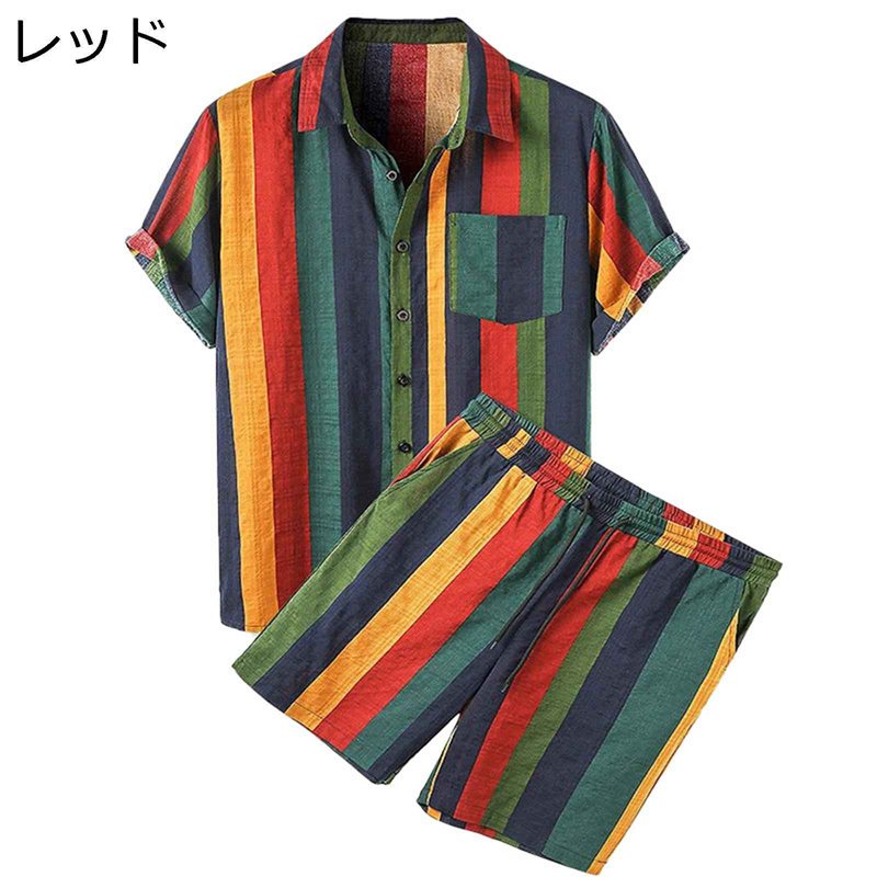 アロハシャツ 上下セット S-3XL メンズ ハワイアンシャツ 縞柄 切り替え パッチワーク ショートパンツ 短パン 夏着 アウター カジュアル 着痩せ ゆったり ルームウェア 快適 軽い 柔らかい 会社 ジュニア