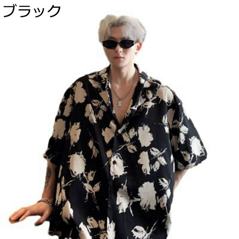 ハワイシャツ メンズ アロハシャツ 薔薇柄 花柄 白 黒 ゆったり 上着 薄い トップス カジュアル ファッション 個性的 かっこいい ダンス ビーチ ホスト系 動きやすい お洒落 羽織り 春秋夏着のサムネイル