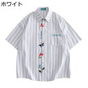 ストライプシャツ メンズ 半袖シャツ 刺繍飾り カジュアルシャツ 薄い 軽い 折り襟 夏服 シャツジャケット 日焼止め 胸ポケット付き 速乾通気 体型カバー シ...