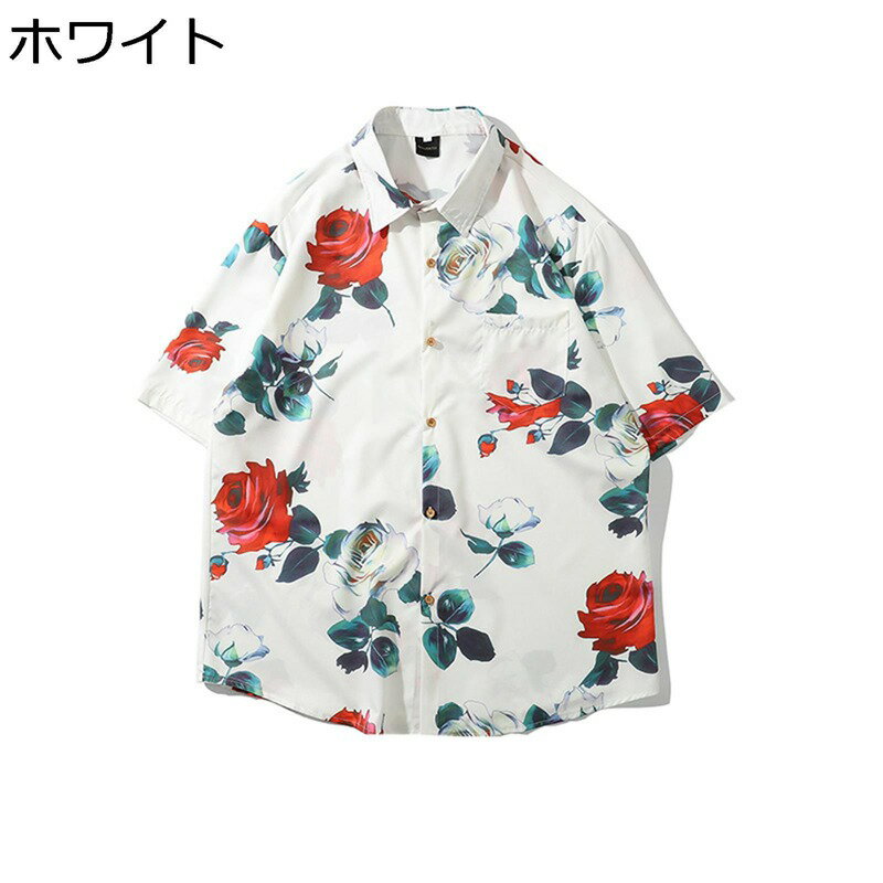 薔薇柄 ハワイシャツ メンズ アロハシャ フローラル ビーチシャツ 半袖シャツ 春夏 開襟 薄い 軽量 速乾吸汗 通気 日焼け止め 体型カバ..