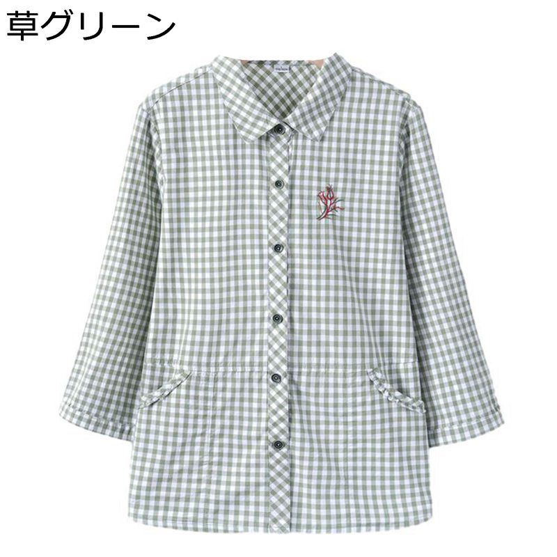 チェックシャツ 綿 中高年 レディース 刺繍 開襟シャツ 長袖 プルオーバー 婦人ブラウス 通気性 ボタンダウン カジュアル ゆったり 婦人服 祖母 お洒落 春秋 ホーム お出かけ リゾート 50代 60代 コットン