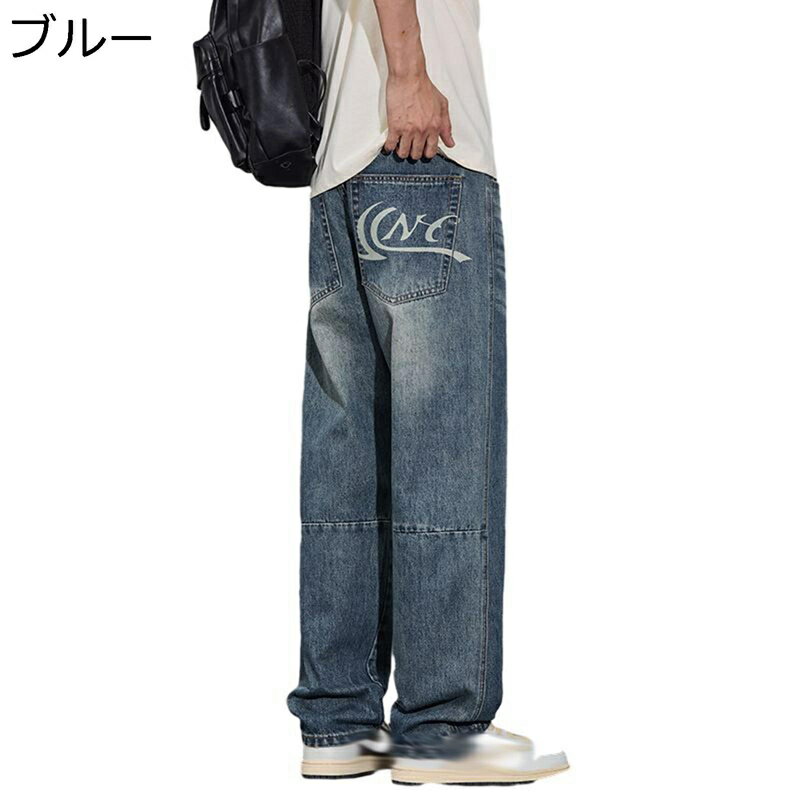 メンズ デニムパンツ Gパン 長ズボン 大きいサイズ ファッション ストレート ポケット付き ボタン ファスナー 英字柄 プリント 春秋 ベーシック 通勤 お出掛け 作業用 釣り 遠足 プレゼント