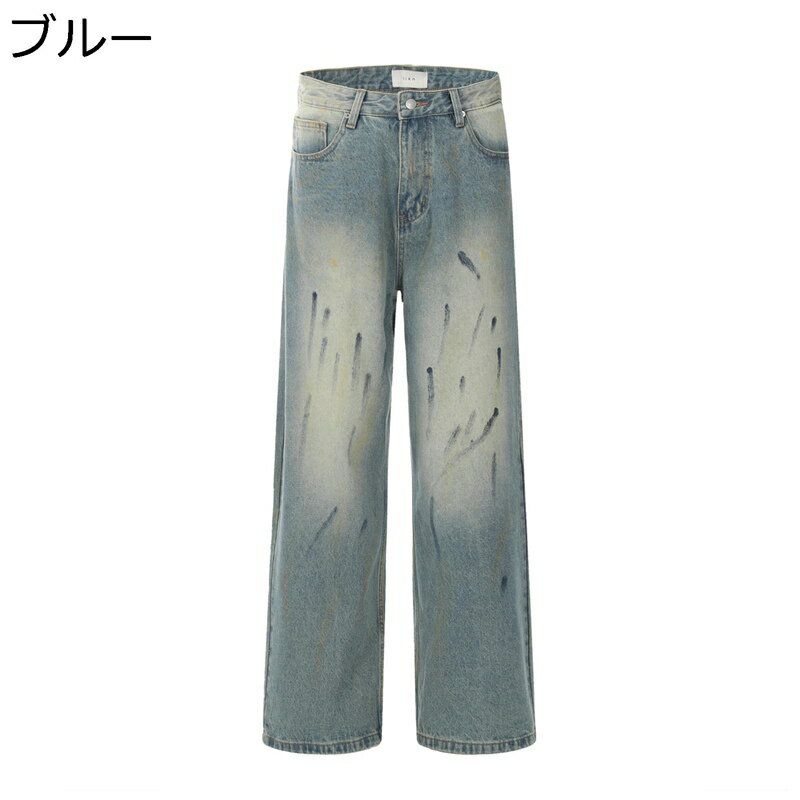 デニムパンツ ユニセックス ワイド 長ズボン ハイウエスト プリント ファッション ファスナー付き ワークパンツ ワイドパンツ ゆったり ストレートタイプ オールシーズン カジュアル 丈夫で長持ち 普段着 通勤 通学