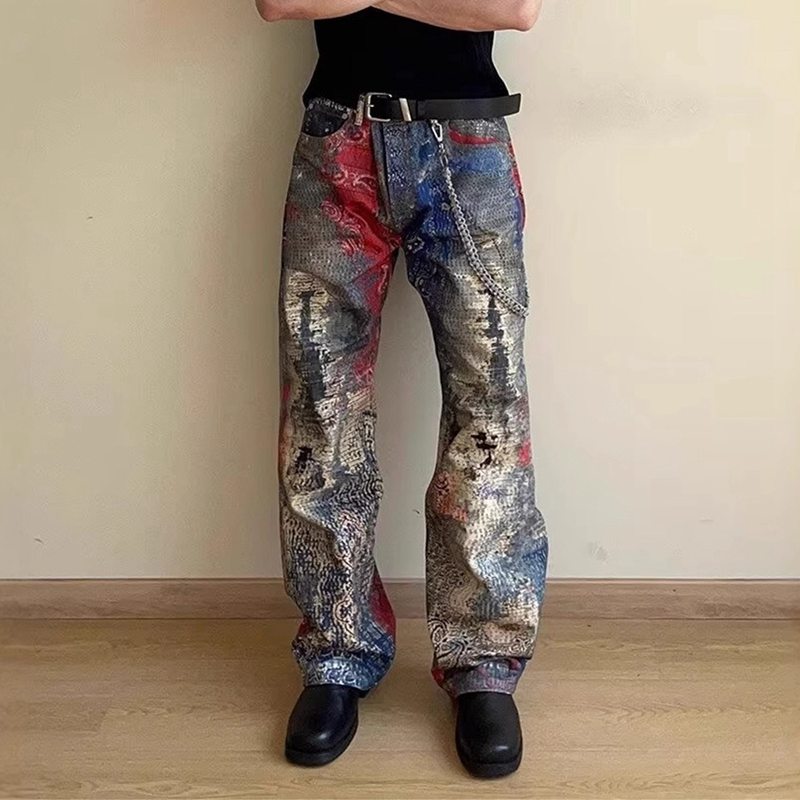 デニムパンツ メンズ ワイド カッコイイ ストレートパンツ 春秋 薄手 ファッション カジュアル ストリート プリント ファスナー付き ゆったり おしゃれ 個性 デイリー イベント お出掛け 旅行