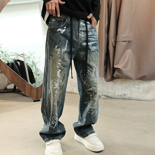 デニムパンツ メンズ 長ズボン ジーンズ ストレート グラフィティ プリント ファスナー付き ファッション カジュアル ヴィンテージ ストリート オールシーズン デイリー お出掛け トラベル アウトドア