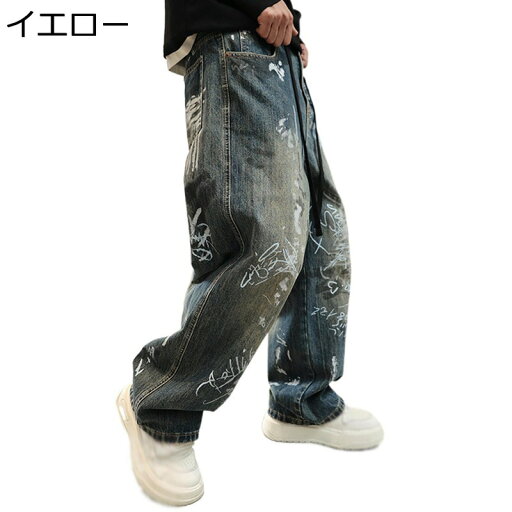 デニムパンツ メンズ 長ズボン ジーンズ ストレート グラフィティ プリント ファスナー付き ファッション カジュアル ヴィンテージ ストリート オールシーズン デイリー お出掛け トラベル アウトドア