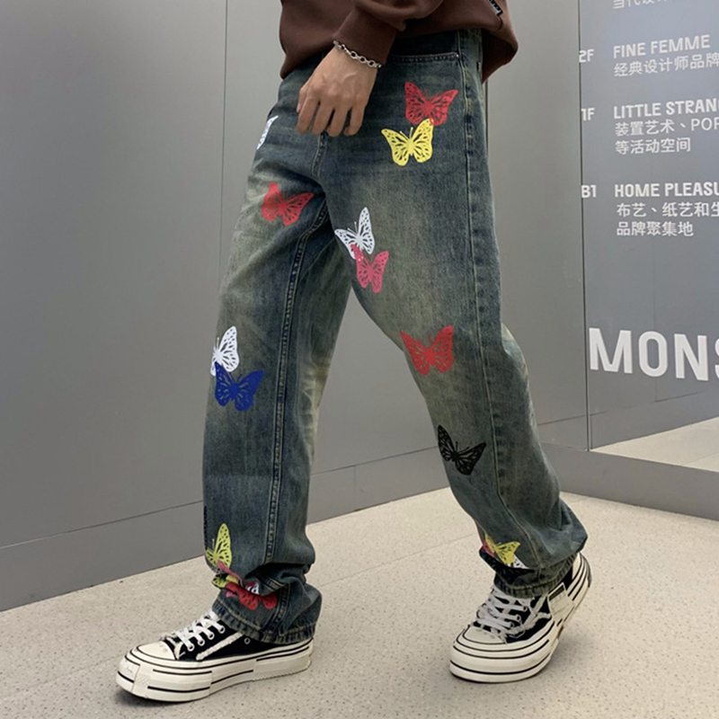デニムパンツ メンズ ジーンズ 長ズボン ストレート ワイド 蝶柄 プリント 薄手 ファッション ストリート カッコイイ カジュアル ファスナー付き 春秋 プレゼント 彼氏 イベント 散歩 カップル