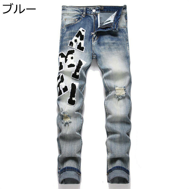 デニムパンツ メンズ ダメージジーンズ スキニーパンツ ロングパンツ テーパードパンツ 英字柄 刺繍 ストレッチ ストレート スリム 着..
