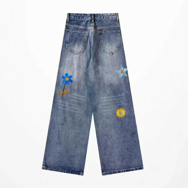 デニムパンツ ワイドパンツ メンズ レディース ヒップホップ 花柄 刺繍 ファスナー付き ストレートパンツ ファッション ストリート 春秋 カジュアル コーディネート 部屋着 旅行 作業着