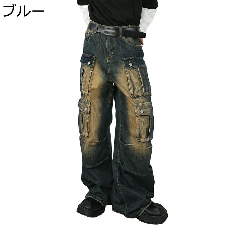デニムパンツ ワイドパンツ ロング メンズ ストレート マルチポケット ウォッシュ加工 ジーパン 長ズボン ストリート系 クラッシュ 動きやすい おしゃれ ヒップホップ 春物 秋冬 オートバイ 大人
