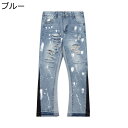 デニムパンツ ジーンズパンツ ストレート ロングパンツ メンズ ダメージ加工 切り替えライン カジュアル 紳士用 ボトムス 大きいサイズ ゆったり 厚い 立体裁断 ストリート hiphop系 アメカジ