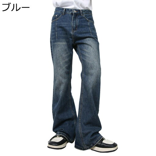 デニムパンツ フレア ロングパンツ メンズ ストレート ジーンズパンツ ボトムス ルーズ ビックサイズ ベルボトム ウォッシュ加工 ファッション 厚手 おしゃれ ヒップホップ 春夏秋冬 バイカー 男性