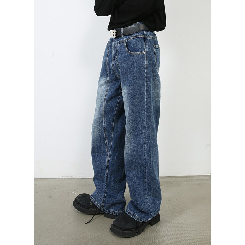 デニムパンツ ワイドパンツ ロング メンズ ストレート ジーパン ウォッシュ加工 長ズボン 大きいサイズ ゆったり スポーツ ファッション 厚手 ストリート系 カッコイイ 春夏秋 オートバイ 男性