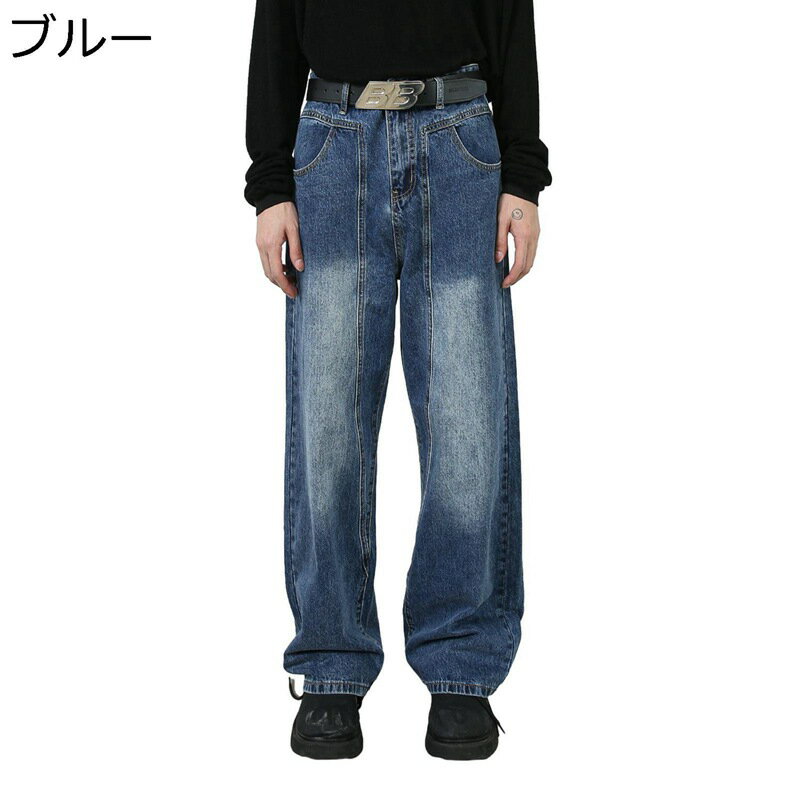 デニムパンツ ワイドパンツ ロング メンズ ストレート ジーパン ウォッシュ加工 長ズボン 大きいサイズ ゆったり スポーツ ファッション 厚手 ストリート系 カッコイイ 春夏秋 オートバイ 男性