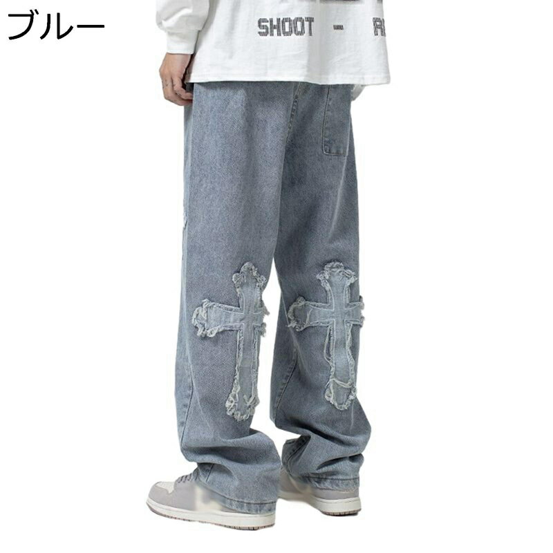 デニムパンツ ジーンズ ワイドパンツ ロング メンズ 十字架柄 カジュアル 男性 ボトムス ビッグシルエット ストレート 動きやすい トレンド ストリート系 カッコイイ 春秋冬 バイクパンツ ブルー