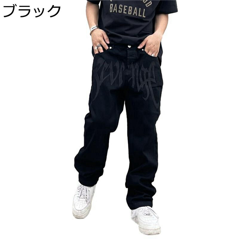 デニムパンツ ワイド ロングパンツ メンズ カジュアル 刺繍 ジーンズ 長ズボン ビッグシルエット レギュラー リラックス 部屋着 かっこいい 個性 hip hop 春物 秋冬 復刻 アメカジ 男性