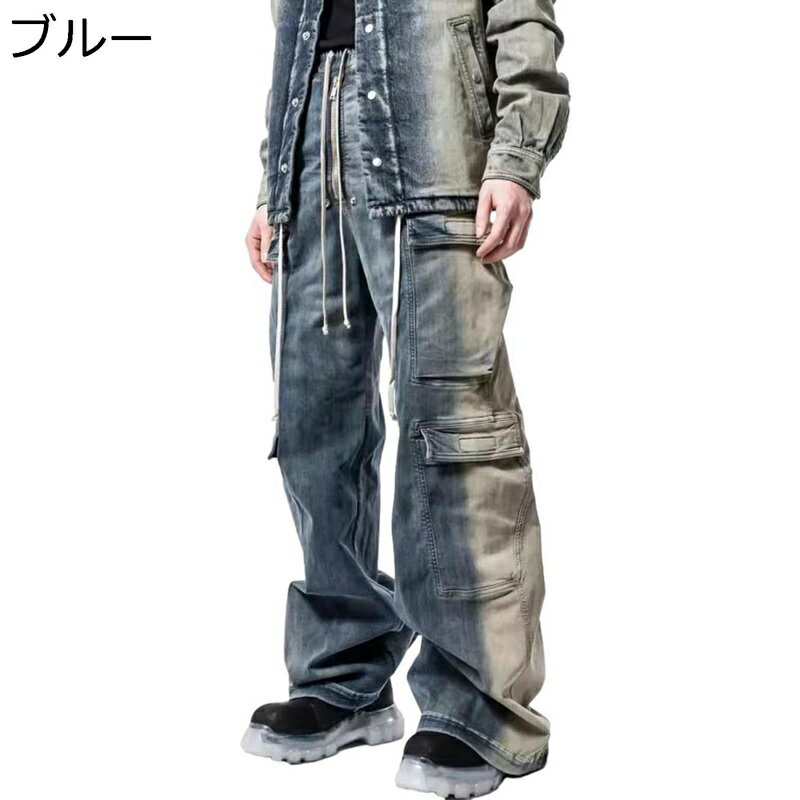 デニムパンツ ワイド ロングパンツ メンズ マルチポケット カジュアル ジーパン 長ズボン 大きいサイズ ゆったり スポーツ ファッション 厚手 おしゃれ ヒップホップ 春物 秋冬 バイクパンツ 大人 男子