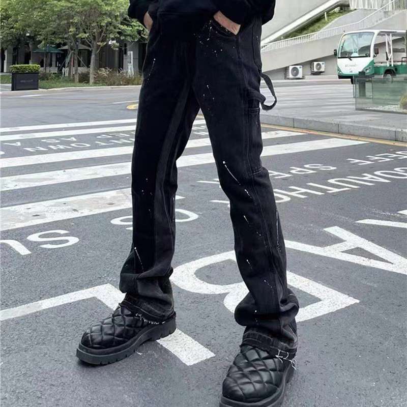 デニムパンツ ジーンズ 切り替え フレアパンツ ワイド ロングパンツ メンズ ストレート 男性 長ズボン ルーズ ビックサイズ クラッシュ 動きやすい おしゃれ ヒップホップ 春物 秋冬 落書き
