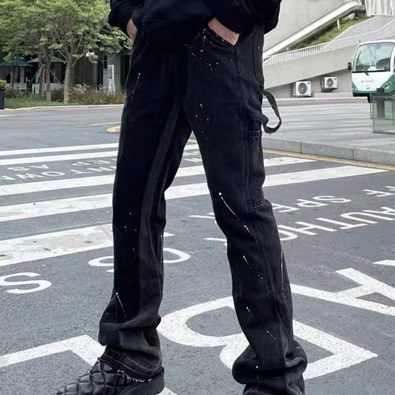 デニムパンツ ジーンズ 切り替え フレアパンツ ワイド ロングパンツ メンズ ストレート 男性 長ズボン ルーズ ビックサイズ クラッシュ 動きやすい おしゃれ ヒップホップ 春物 秋冬 落書き