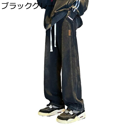 デニムパンツ ワイドパンツ ロング メンズ ストレート ジーンズ ウェスト紐 ボトムス ビッグシルエット スポーツ ファッション 厚手 お洒落 オリジナル 秋用 春秋 オートバイ 大人 男子