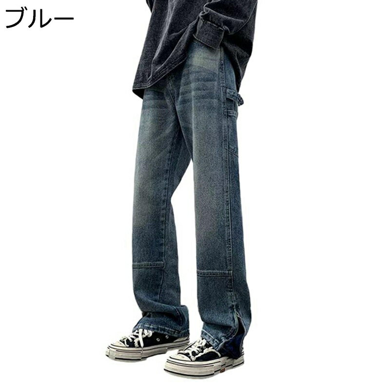 デニムパンツ ロングパンツ メンズ ストレート 裾ジップ スリット ジーパン 長ズボン ビッグシルエット ワイド クラッシュ 動きやすい トレンド ストリート系 カッコイイ オールシーズン オートバイ