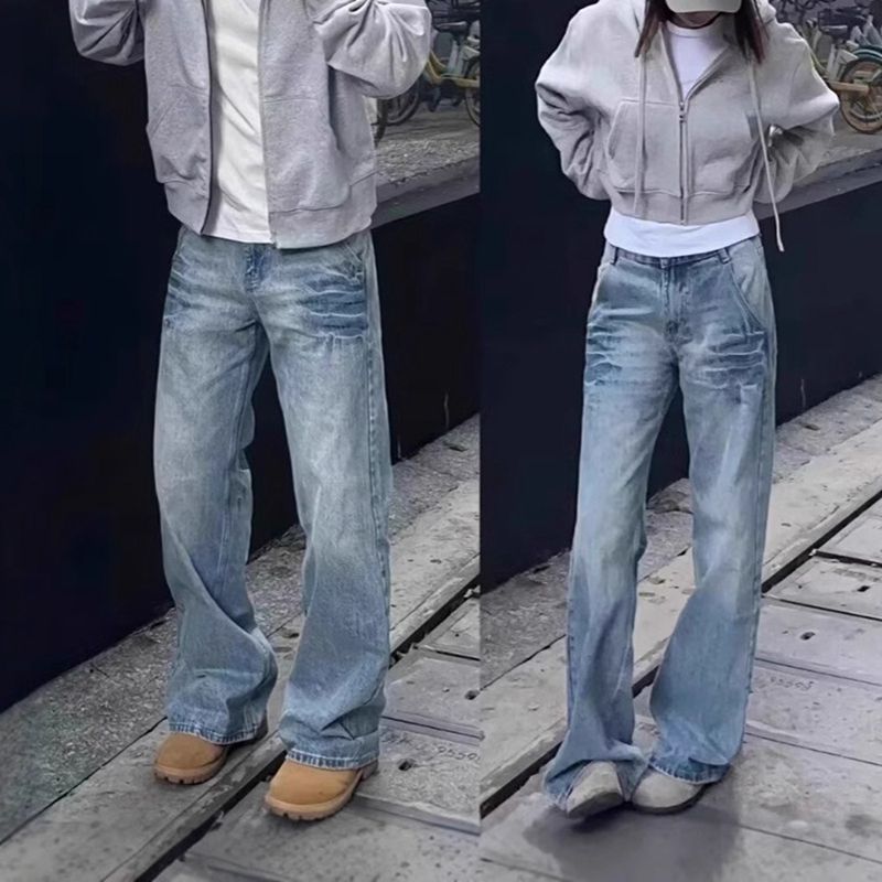 デニムパンツ 男女兼用 ワイド ロングパンツ メンズ ストレート ウォッシュ加工 Gパン ボトムス ビッグシルエット クラッシュ 動きやすい トレンド おしゃれ ヒップホップ 春物 秋冬 オートバイ
