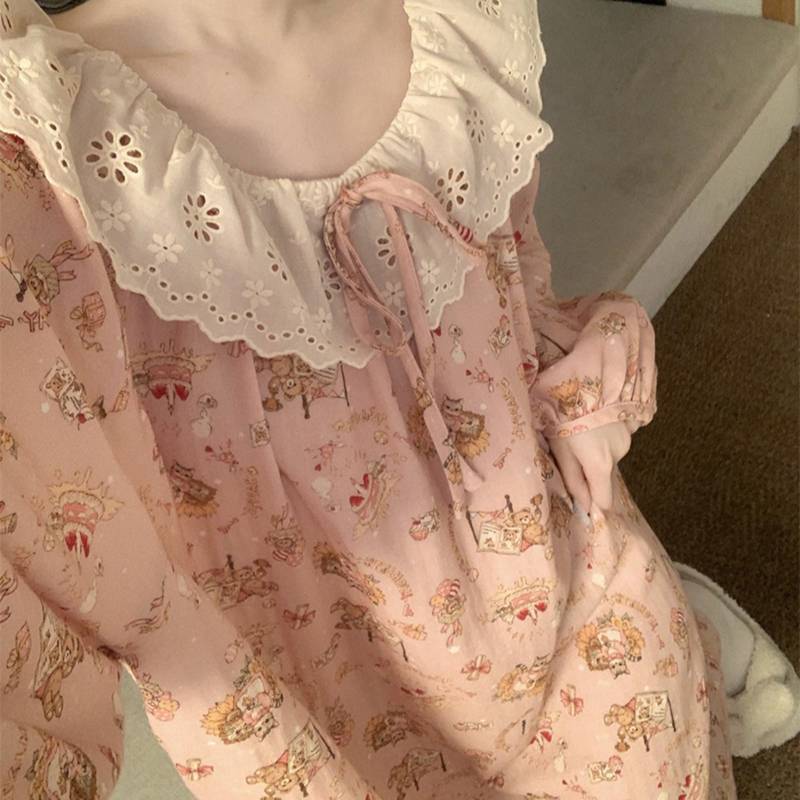 ルームワンピース レースフリル 花柄 ロングワンピース 姫系 テーラー襟 ネグリジェ 部屋着 ワンピースパジャマ 長袖 ルームワンピース 可愛い スイート 快適 吸汗 通気 ソフト 春 夏 秋 寝間着 3