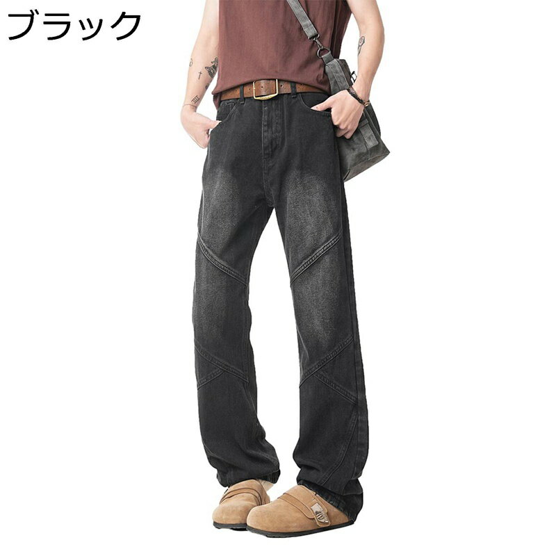 ウォッシュ加工 デニムパンツ ワイド ロングパンツ メンズ カジュアル ジーンズ 長ズボン ルーズ ビックサイズ レギュラー リラックス 部屋着 かっこいい 個性 hip hop 春夏秋 バイクパンツ 大人