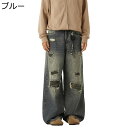 デニムパンツ ワイド ロングパンツ メンズ ダメージ加工 迷彩柄 カジュアル ジーンズパンツ ボトムス ルーズ ビックサイズ へやぎ 厚い 立体裁断 ストリート系 カッコイイ オートバイ 大人 男女兼用