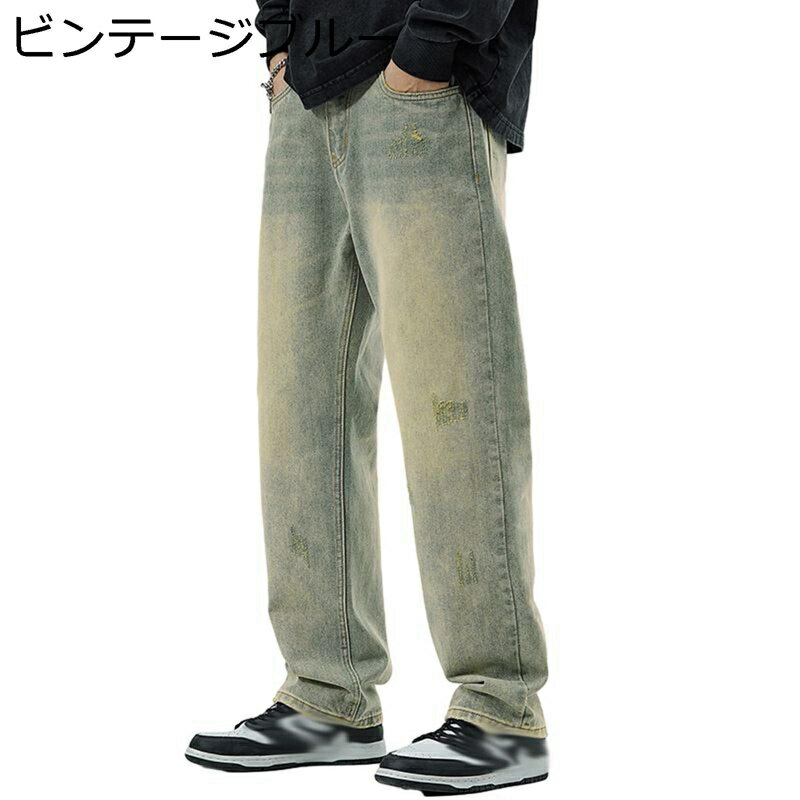 デニムパンツ ワイド ロングパンツ メンズ ユーズド加工 ストレート Gパン 長ズボン 大きいサイズ ルーズ へやぎ 厚い 立体裁断 ストリート系 カッコイイ ゆったり 春秋 バイカージーンズ 男性
