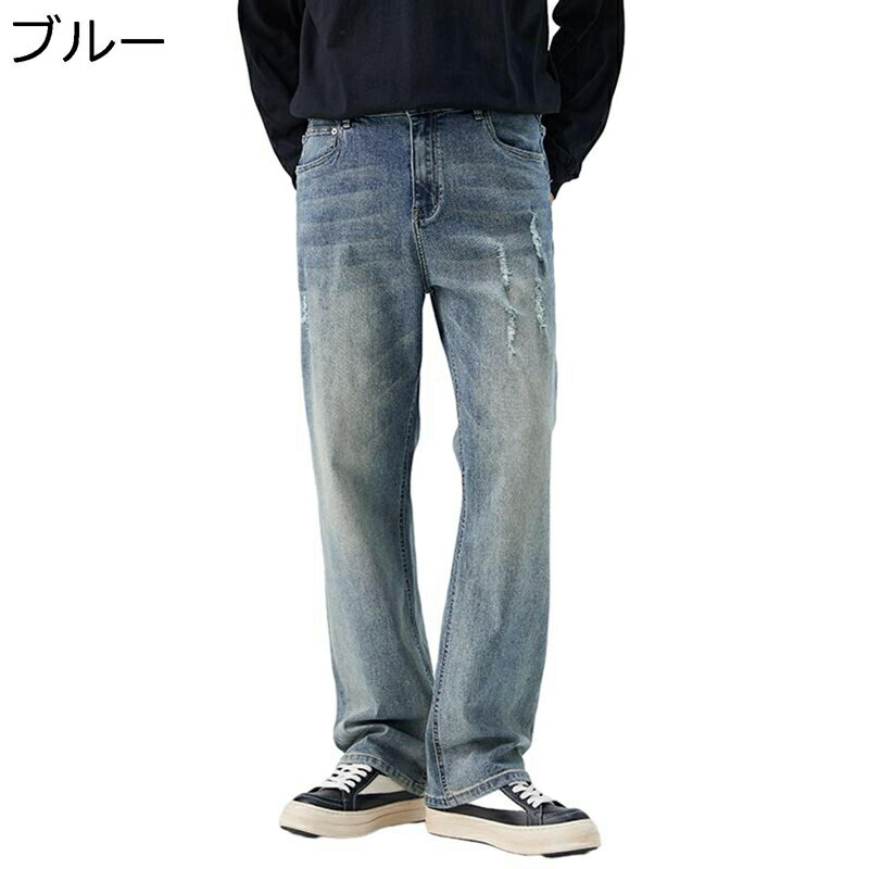 デニムパンツ メンズ ストレート ダメージ加工 ワイドパンツ ロング ジーパン ボトムス 大きいサイズ ゆったり スポーツ ファッション 厚手 かっこいい 個性 hip hop 春秋 バイクパンツ 紳士用