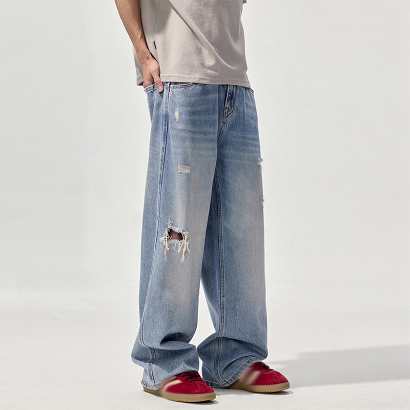 ジーンズ ワイド ロングパンツ メンズ デニムパンツ ダメージ加工 ジーパン 大人 長ズボン 大きいサイズ ゆったり レギュラー ウォッシュ加工 ガウチョ お洒落 オリジナル 春夏秋 復刻 アメカジ