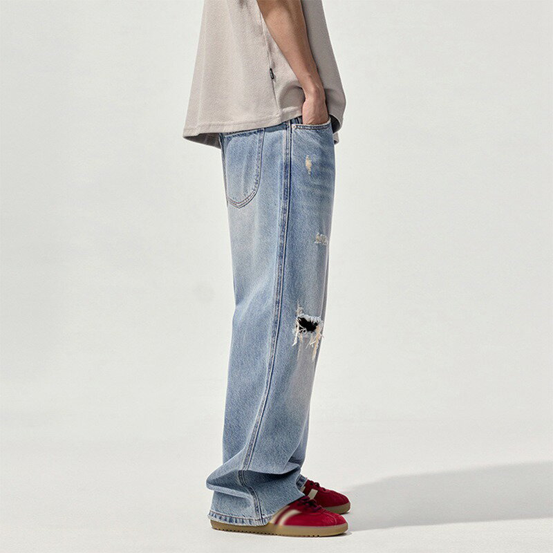 ジーンズ ワイド ロングパンツ メンズ デニムパンツ ダメージ加工 ジーパン 大人 長ズボン 大きいサイズ ゆったり レギュラー ウォッシュ加工 ガウチョ お洒落 オリジナル 春夏秋 復刻 アメカジ