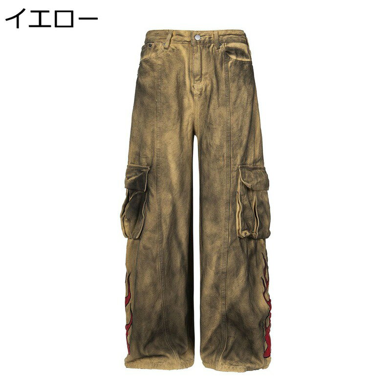 デニムパンツ 火炎 フレイム 刺繍 メンズボトムズ ワイドパンツ Gパン ジーパン 前開きジッパー b系パ..