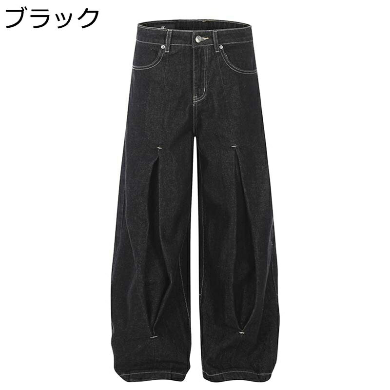 メンズ デニムパンツ プリーツ ワイドパンツ リラックス ロングパンツ ストリート系 原宿系 地雷系 韓..