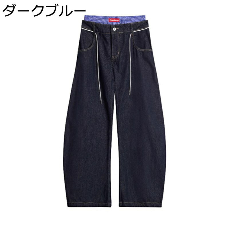 原宿系 デニムパンツ パッチワーク風 紐付き ロングパ