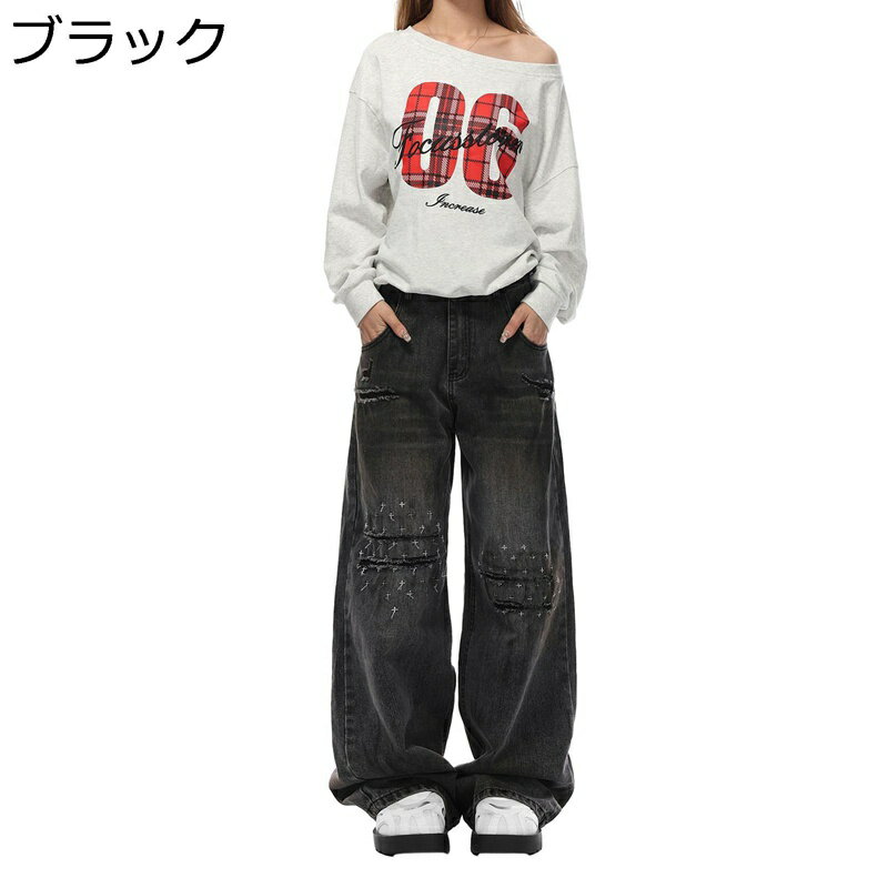 楽天parte1ストリート系 ダメージジーンズ ズボン ロングパンツ メンズ レディース フルレングス ワイドパンツ デニムパンツ ダブルウェスト ジーパン ファッション ins風 ストリートモード系 地雷系 ヒップホップ 春夏秋