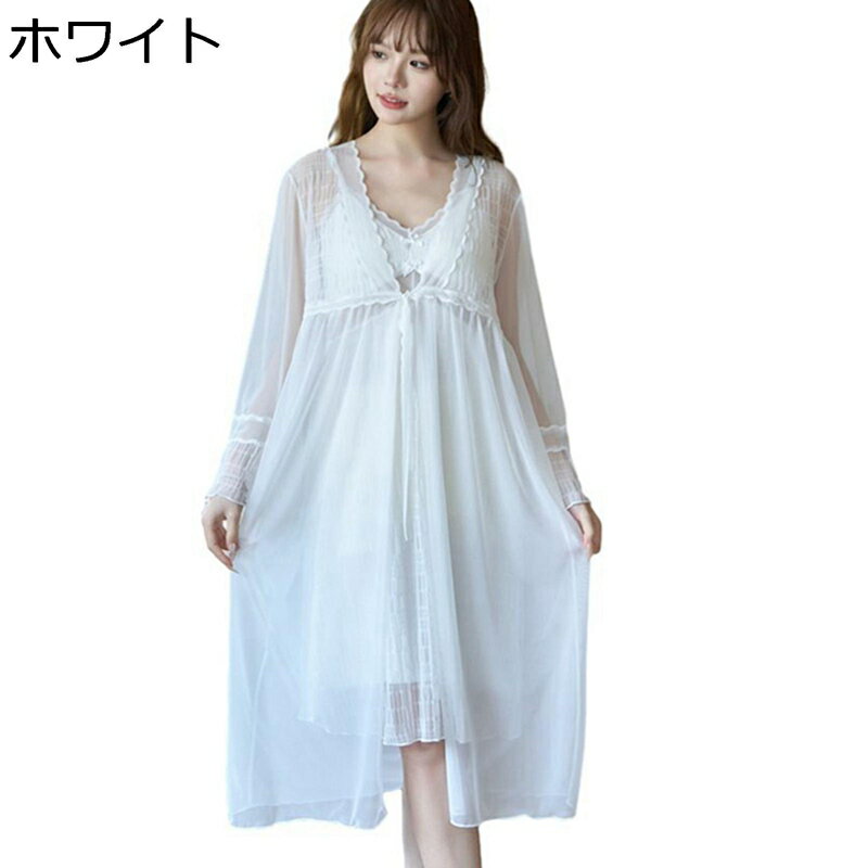 ネグリジェ 春秋向き レディース パジャマ ルームワンピース 二点セット レース 姫系 コットン 薄手 気..